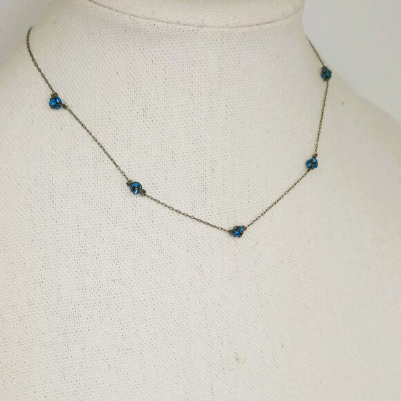 1928 Blue Cluster Bead Station Necklace 16" Dainty Choker Vintage Look - Picture 6 of 8